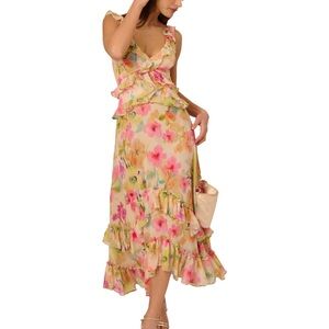 Floral Ruffle Midi Dress - Pink and Cream